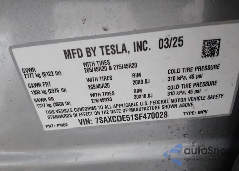 2025 Tesla Model X Long Range from USA, damaged, VIN 7SAXCDE51SF470028